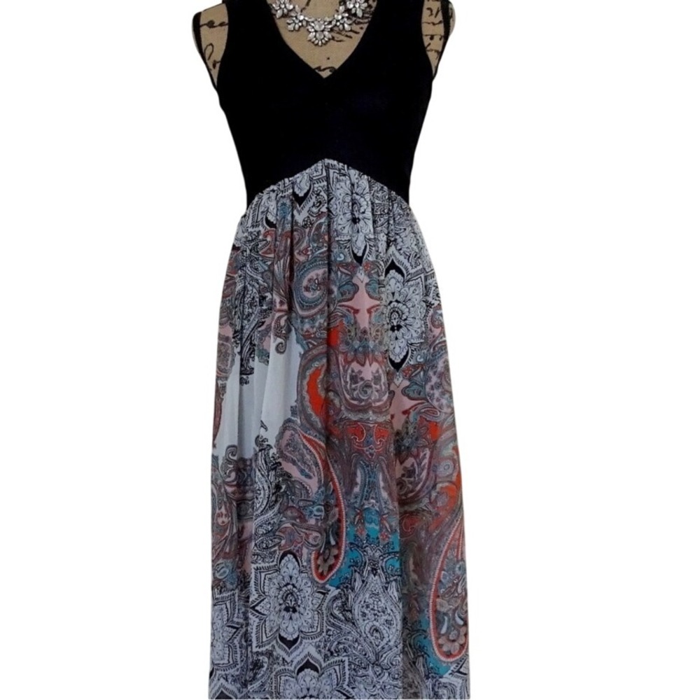 Boho Maxi Dress Sleeveless Black Paisley Print‎ Bohemian Summer Small